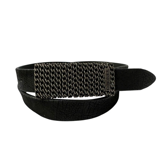 Genuine Vintage DIESEL Black Leather Chain Like Size 32 Unisex Belt - Picture 1 of 9